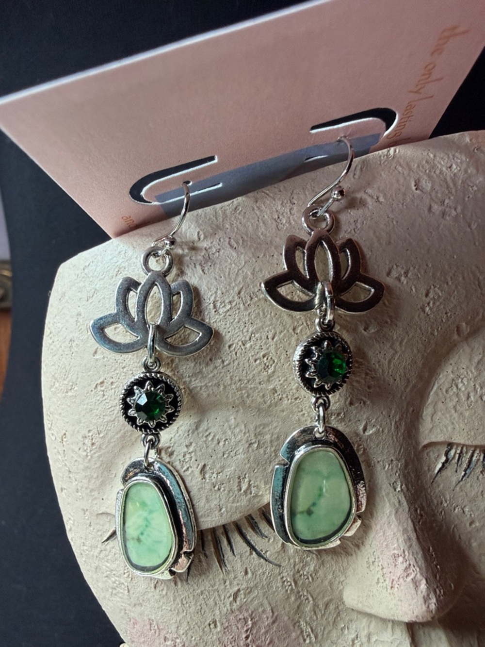 Silver Lotus Dangle Earrings with Green accents
